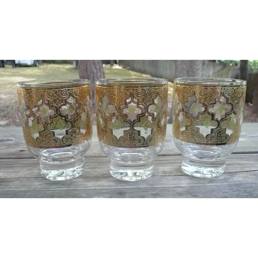 Culver Valencia 3 Footed Double Old Fashioned Glasses 22k Gold USA - Picture 5 of 5